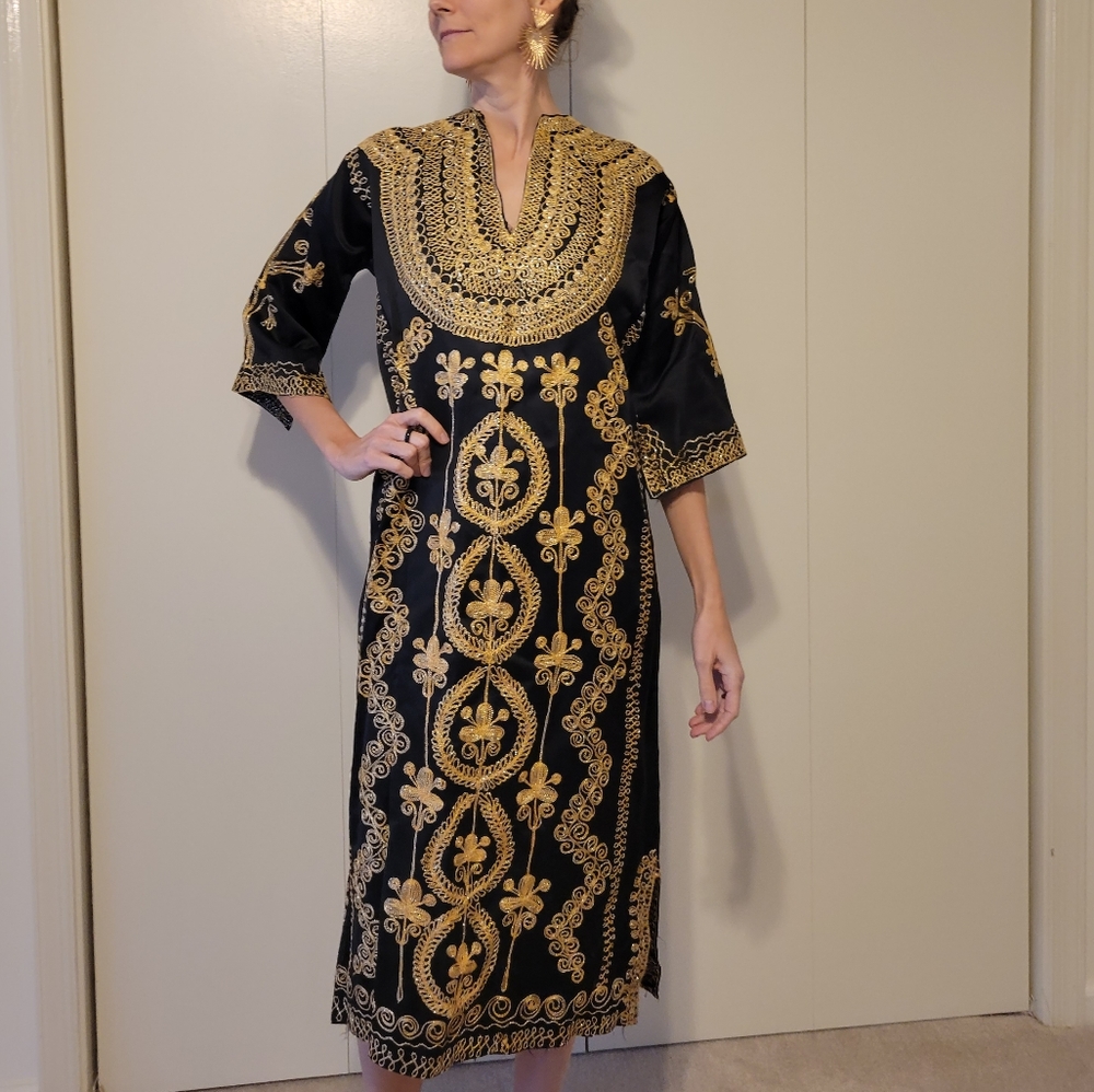Vintage embroidered black and gold dress/ kaftan